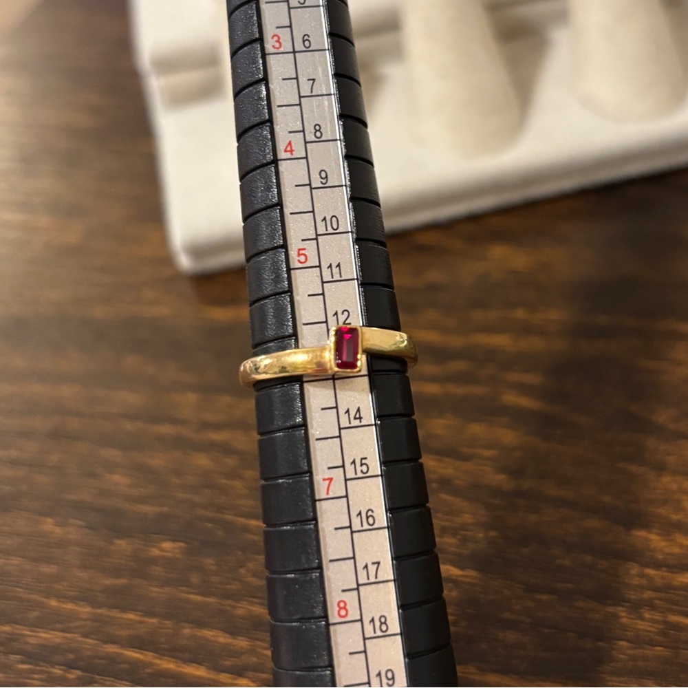 Vintage 18 Kt Gold Electroplated Ring with Red Rectangular Gemstone, Size 6